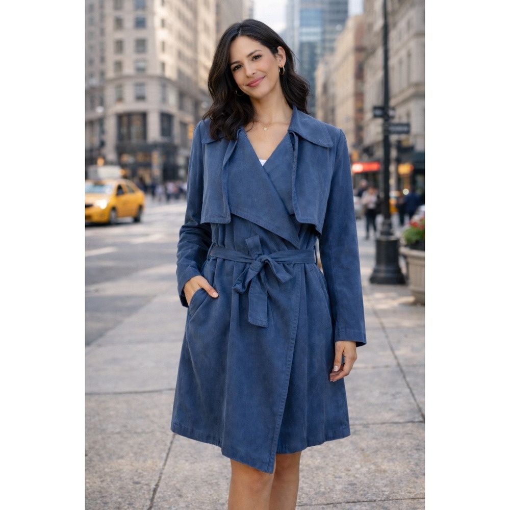 Club Monaco Blue Lyocell Belted Waterfall Trench Coat‎ Jacket M (O636)